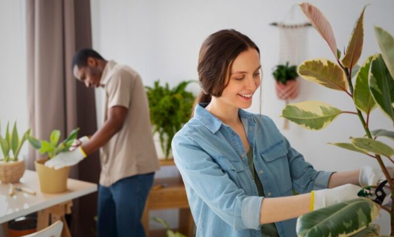 A couple taking care of a plant, showcasing the role of home design in stress and anxiety management