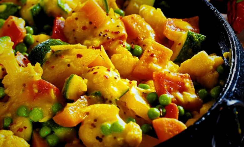 A pan of vegetable curry with a colorful mix of vegetables and potatoes